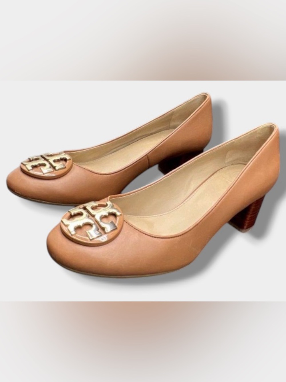 Tory Burch Tan Leather Heels Logo Pumps Size 5.5 - Picture 4 of 7